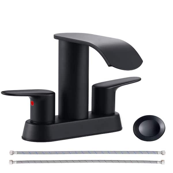 VEVETTA Waterfall 4 in. Centerset Double-Handle Bathroom Sink Faucet, Modern Faucet with Pop Up Drain in Matte Black