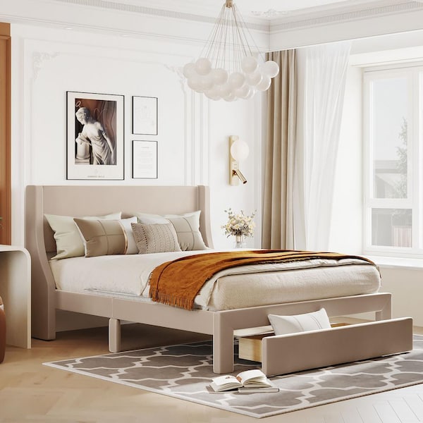 Harper & Bright Designs Beige Wood Frame Queen Size Velvet Upholstered Platform Bed with a Big Drawer