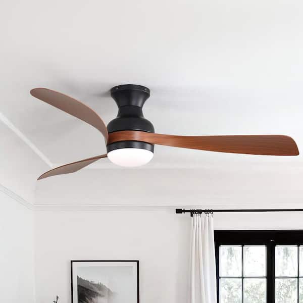 52 in. Indoor/Outdoor Integrated LED Flush Mount Black and Brown Ceiling Fan with Light and Remote