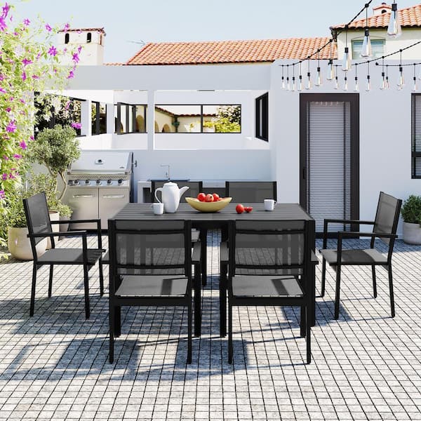 Zeus & Ruta Gray Steel 7-Piece Patio Dining Set with 1 Table and 6 Single Chair for Backyard, Porch and Balcony