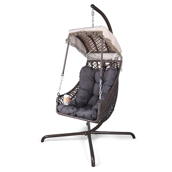 Unbranded Outdoor Wicker Patio Swing Rattan Swing Egg Chair with Sunshade Cloth, Courtyard, Gray Cushion and Pillow