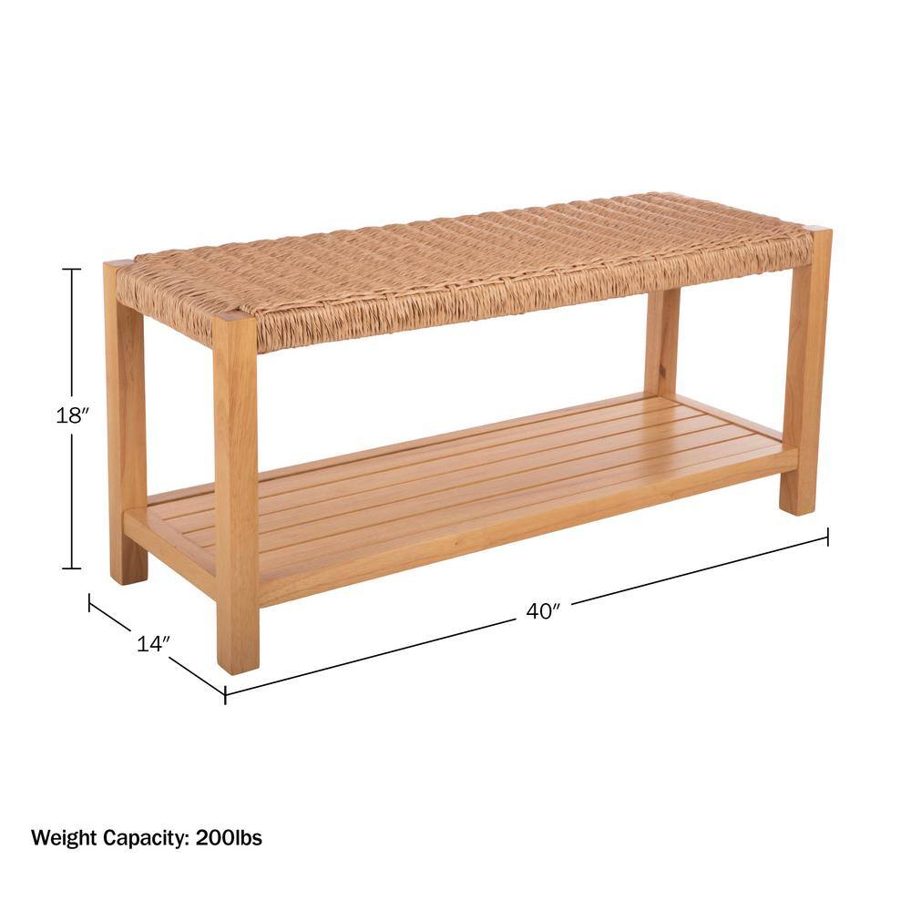 Newport 40-Inch Natural Wood Bench with Woven Rope Seat and Storage Shelf