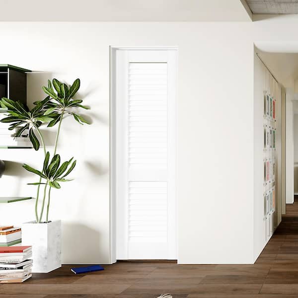 24 in. x 80 in. Louvered Panel, Composite, White Primed, MDF Prehung Interior Door Right-Handed Door Jamb and Hardware