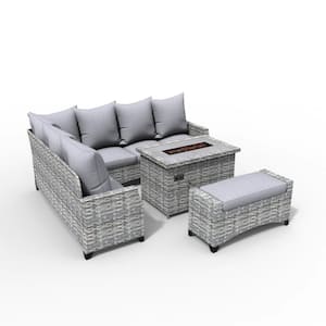 Delilah Gray 4-Piece Wicker Patio Fire Pit Conversation Sofa Set with Gray Cushions