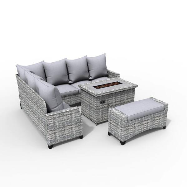 moda furnishings Delilah Gray 4-Piece Wicker Patio Fire Pit Conversation Sofa Set with Gray Cushions