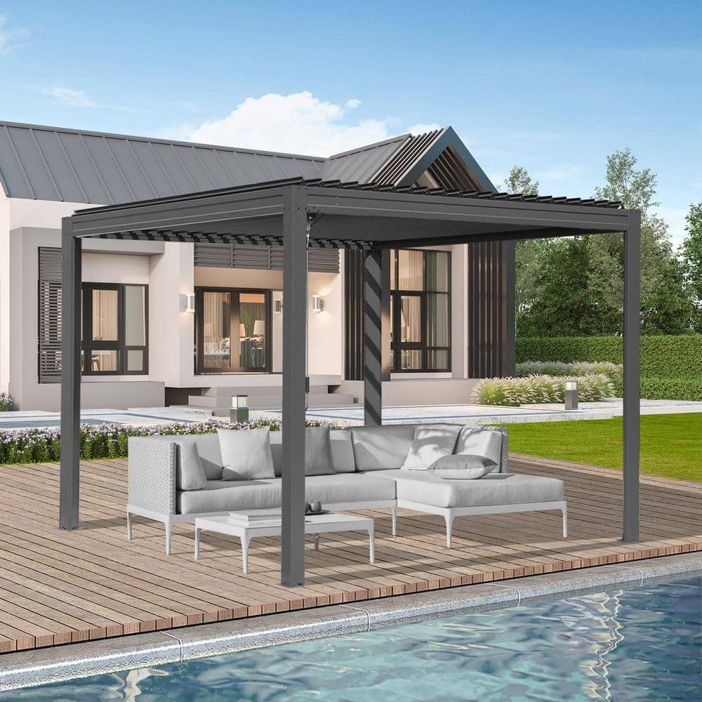 Gray Aluminum Louvered Pergola with Adjustable Roof, 10x13 ft