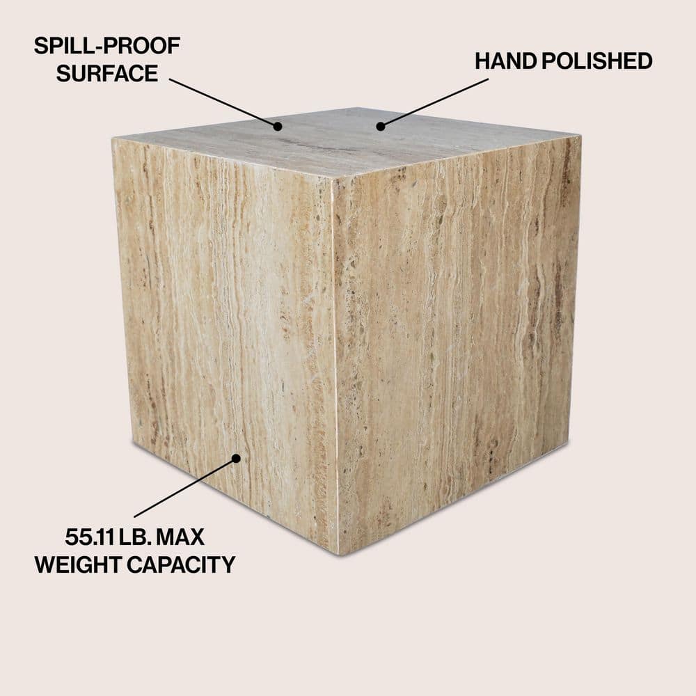 Felix 15 in. Contemporary Natural Marble Handmade Cube End Table, Travertine - thumbnail 6