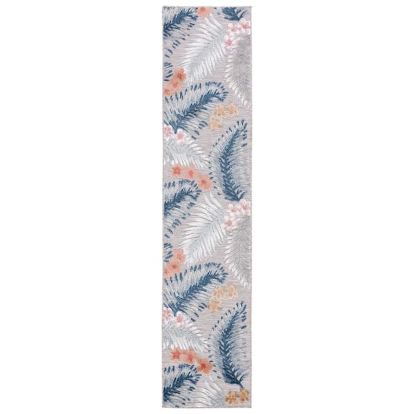 Cabana Gray/Navy 2 ft. x 9 ft. High-Low Botanical Floral Indoor/Outdoor Runner Rug