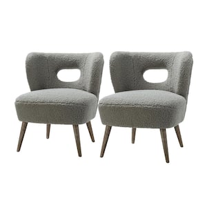 Mini Grey Vegan Lambskin Sherpa Upholstery Side Chair with Cutout Back and Solid Wood Legs (Set of 2)