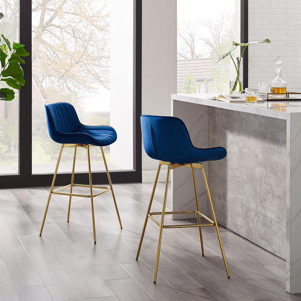 Elegant Blue Velvet Swivel Counter Height Bar Stools with Golden Metal Legs