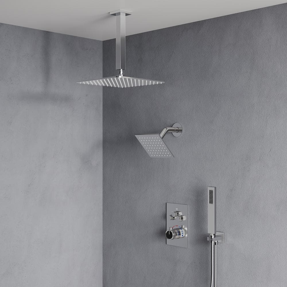 Chrome Dual Showerheads Thermostatic Shower Faucet with Handheld