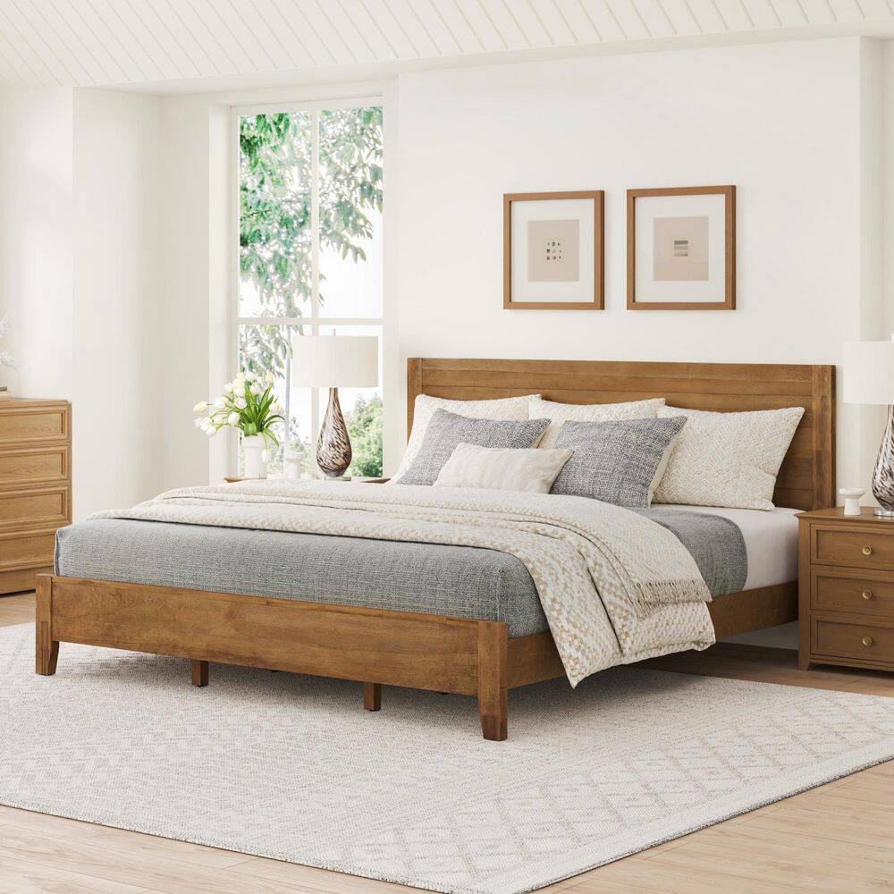 Lazio Mid Century Brown Wood Solid Wood Frame Queen Size Platform Bed Frame with Headboard Wooden Slat Support