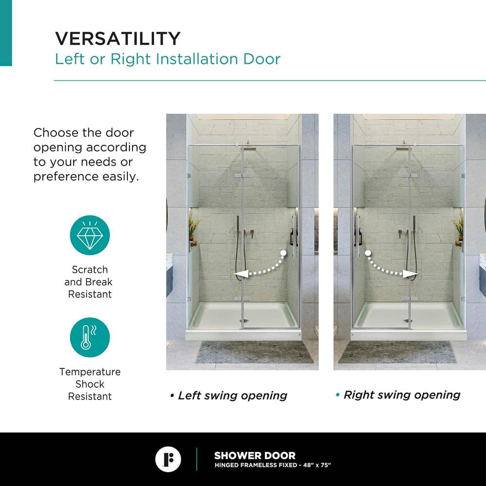 60'' Clear Tempered Glass Hinged Frameless Shower Door with Chrome Finish