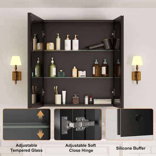 Belle 26 in. W x 30 in. H Rectangular Aluminum Medicine Cabinet with Mirror, Adjustable Shelf, Recessed or Surface Mount