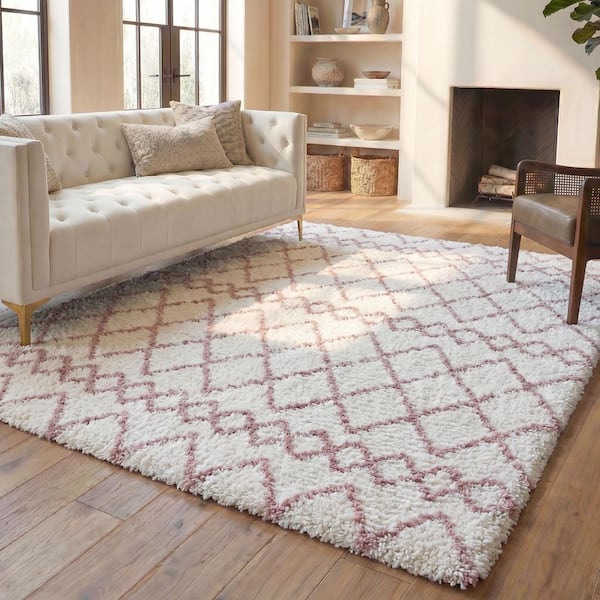 Berber Shag 9 ft. x 12 ft. Ivory/Light Rose Ikat Diamonds Area Rug