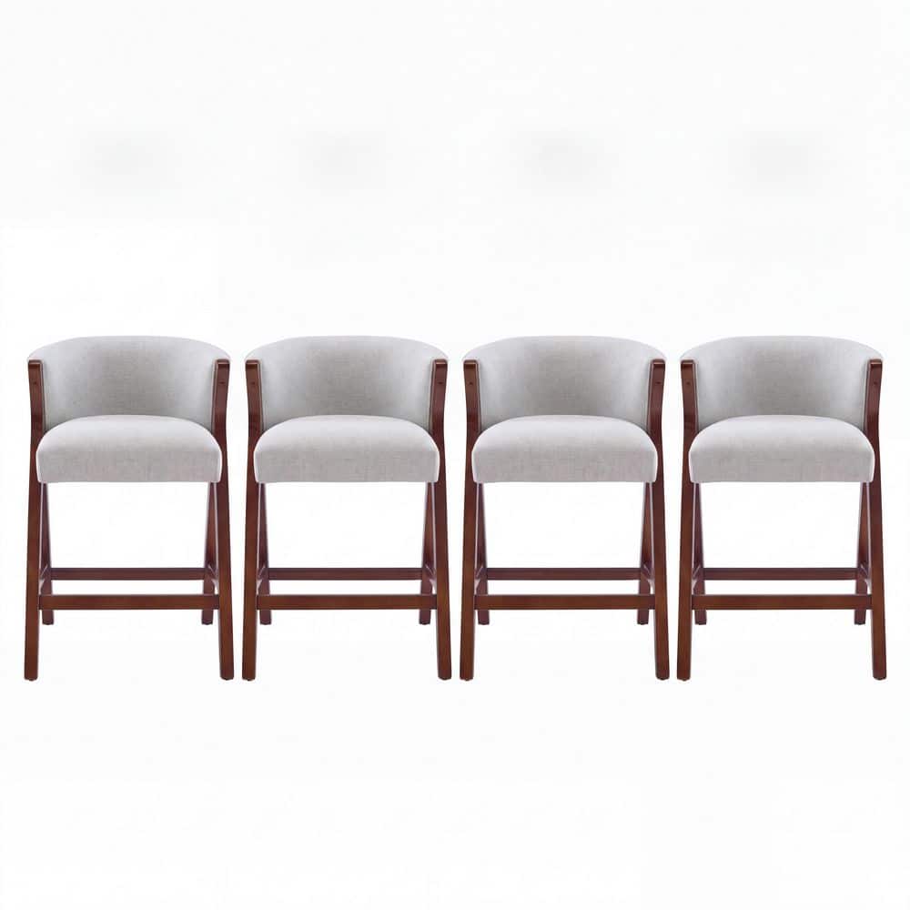 Modern 25.59 in. H Grey and Walnut Finish Wood Counter Height Bar Stools with Fabric Seat, Curved Bucket Back (Set of 4)