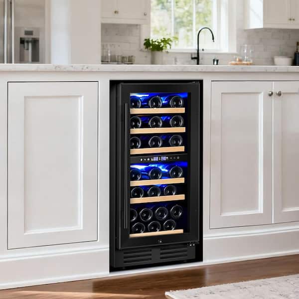 15 in. Dual Zone 30-Bottle Reversible Door Wine Cooler in Black with 3 Removable Beechwood Shelves Auto Blue Lighting