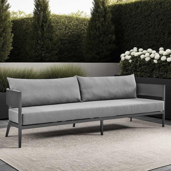 Armen Living Menorca Dark Gray Aluminum Outdoor Couch with Dark Gray Cushions