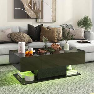 43.5 in. Black Rectangle Wood Coffee Table with 2-Drawers 20-Color Dimmable LED Lights and Remote Control