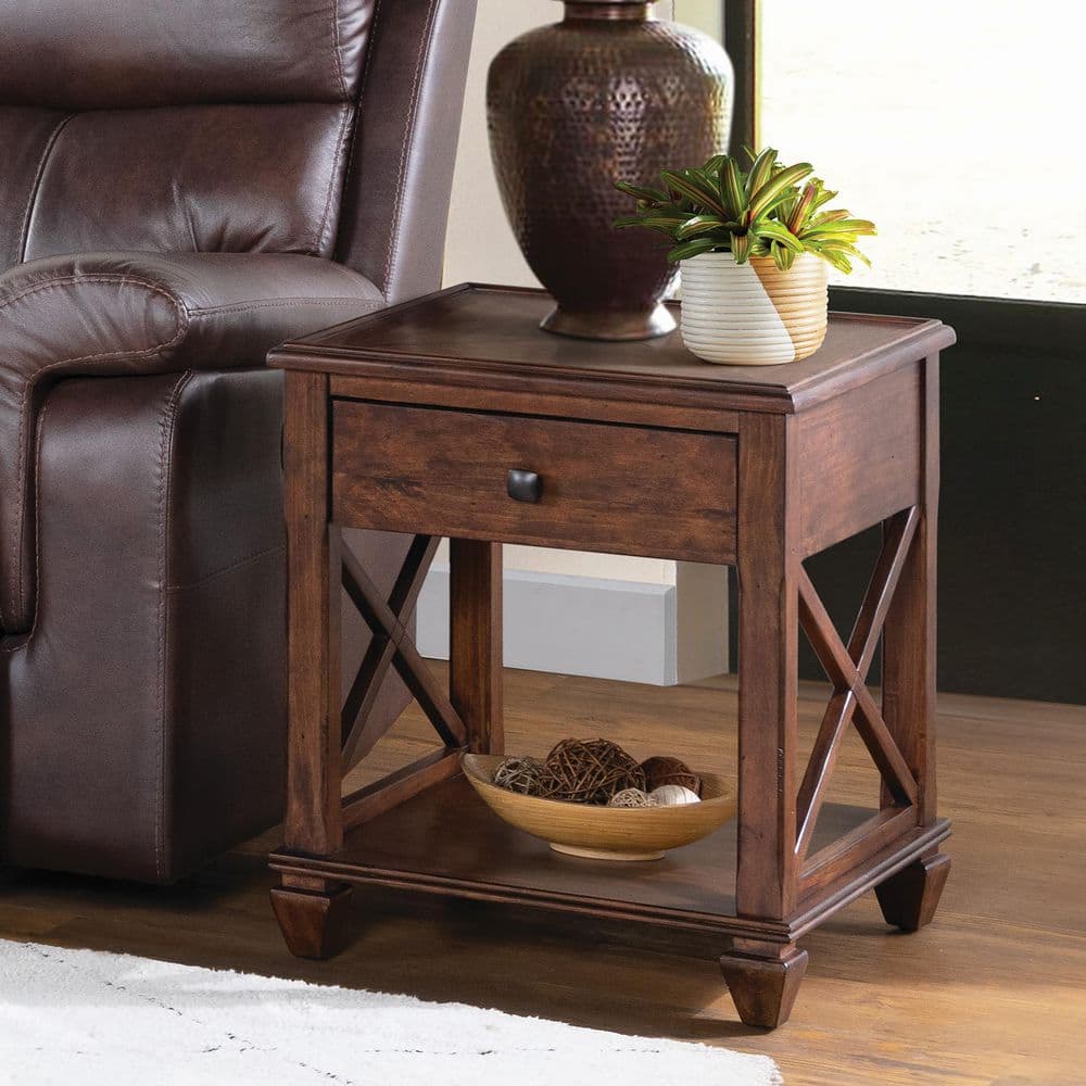 Cherry Pine Wood Square End Table with Drawer and Shelf