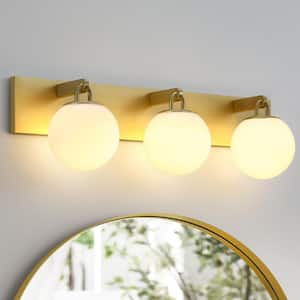 28 in. 3-Light Modern Gold Vanity Light with Opal Glass Shades