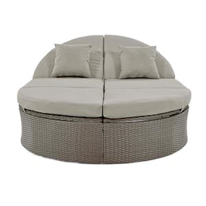 Gray Wicker Outdoor 2-Person Day Bed with Gray Cushions and Pillows, Adjustable Backrests, Foldable Cup Trays for Lawn