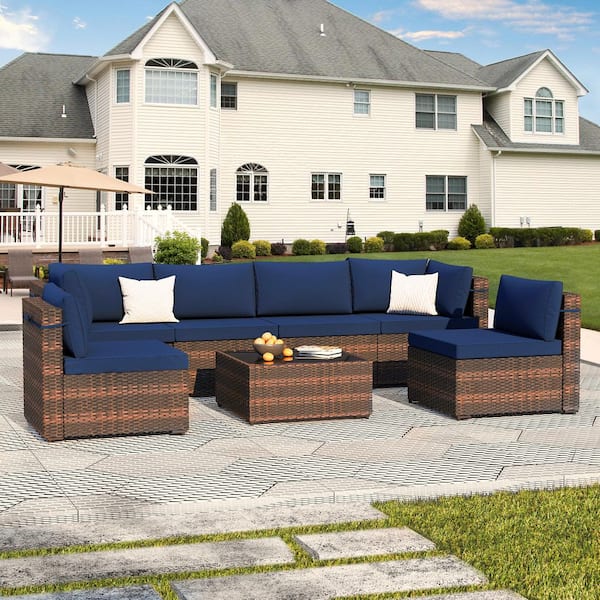 UPHA 7-Piece Wicker Patio Conversation Sectional Seating Set with Navy Blue Cushions