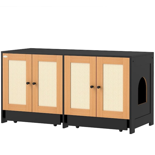 Cat Litter Box Enclosure, Hidden Litter Box Furniture for 2 Cats with 2 Cabinets, Scratching Mats and Trays, Black