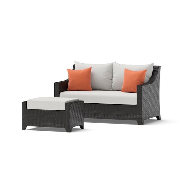 RST BRANDS Deco Wicker Outdoor Loveseat with Ottoman and Sunbrella Cast Coral Cushions