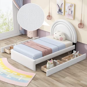 White Teddy Fleece Wood Frame Twin Size Upholstered Platform Bed with 4-Drawer