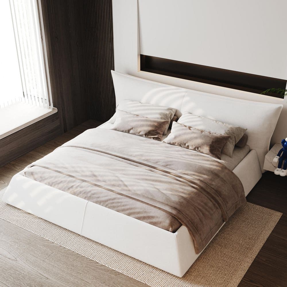 High End Cream(Beige) Wood Frame Queen Size Velvet Platform Bed with Special Shaped Headboard, Solid Wood Slats price history on PriceWatchPro