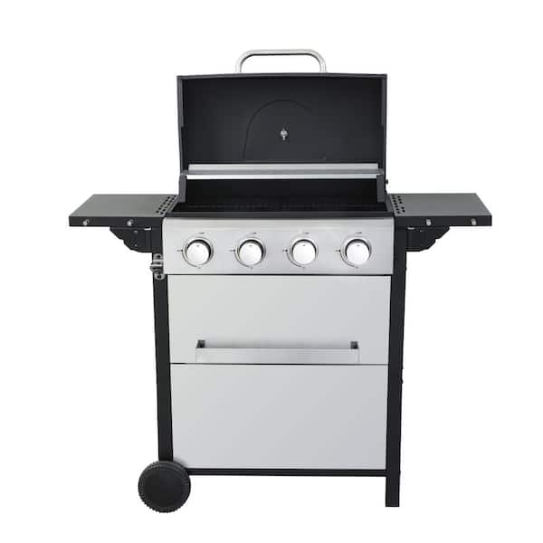 4-Burner Portable Propane Gas Grill in Black with Foldable Side Table and Hanging Basket