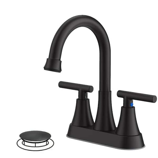Easy Install 4 in. Centerset Double Handle Spot Resistant Bathroom Faucet with Drain Kit in Matte Black
