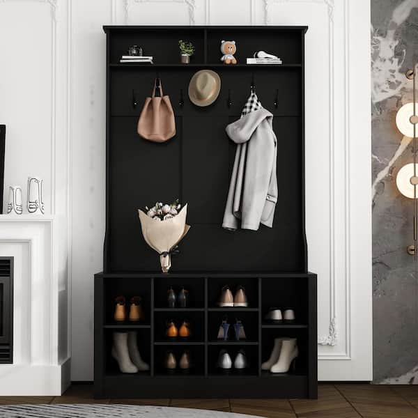 FUFU&GAGA 68.5 in. H Black Wood 3-in-1 Freestanding Coat Rack Shoe Storage with 7-Metal Double Hooks and Bench