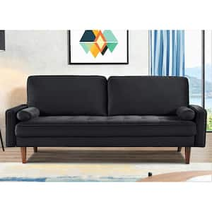 Monahan 70 in. Square Arm Velvet Rectangle Mid-Century Modern Button Tufted Sofa in Black