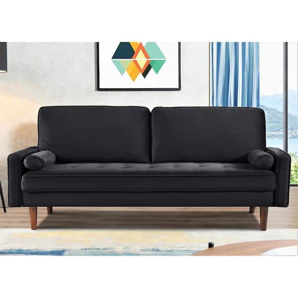 US Pride Furniture Monahan 70 in. Square Arm Velvet Rectangle Mid-Century Modern Button Tufted Sofa in Black