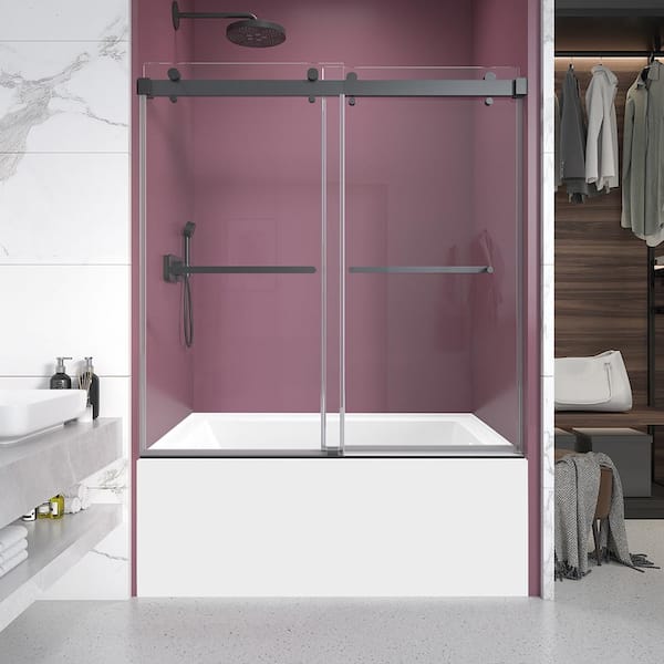 KZG 60 in. W x 60 in. H Double Sliding Frameless Shower Tub Door in Matte Black with Clear 3/8 in. Glass