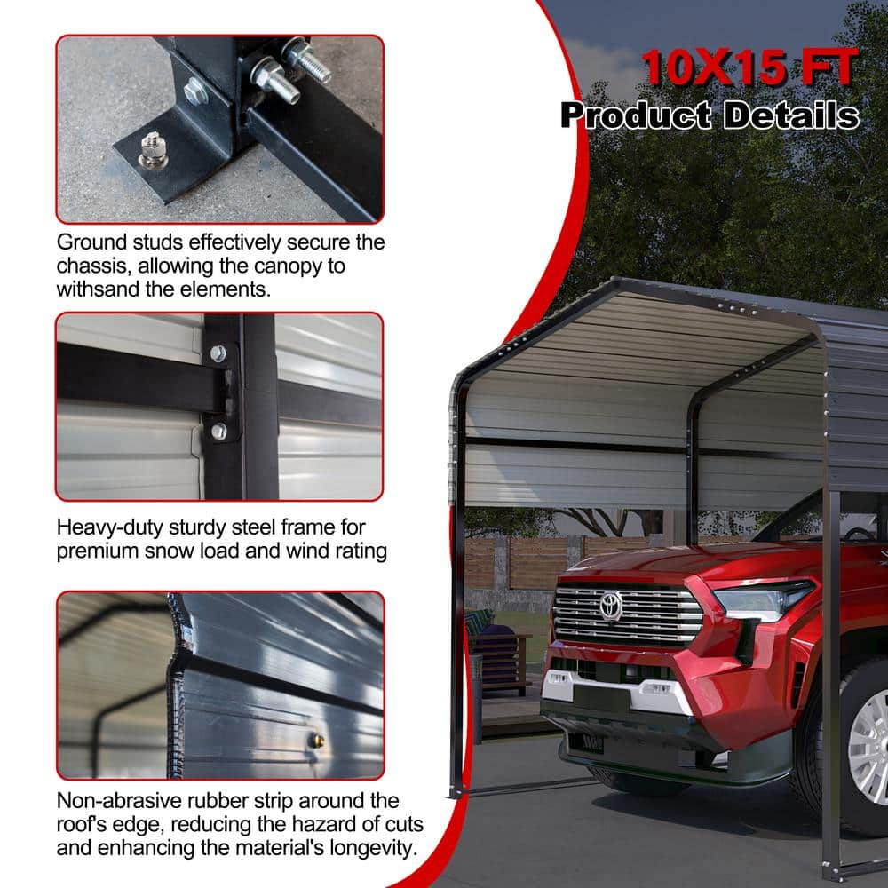 10 ft. x 15 ft. Black Metal Carport with Arch Roof