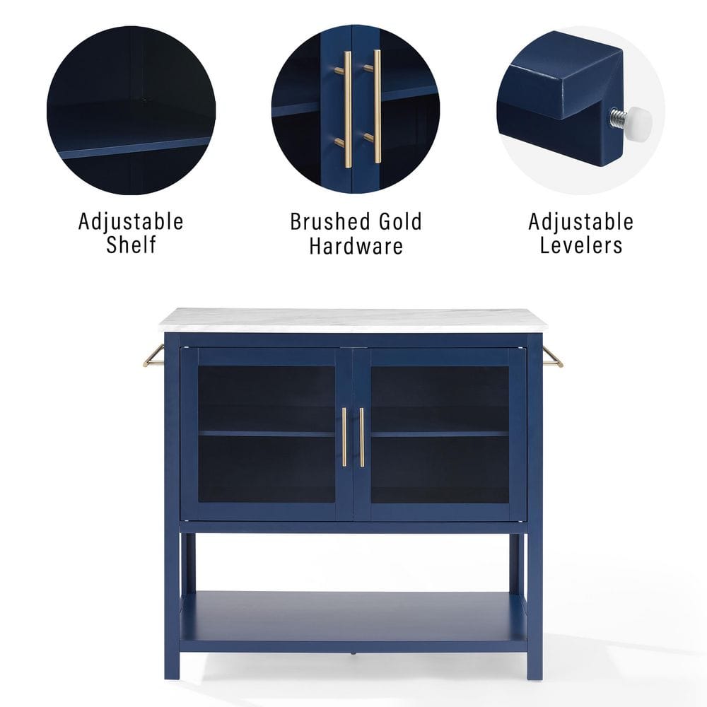 Navy Kitchen Island with Faux Marble Top and Glass Doors