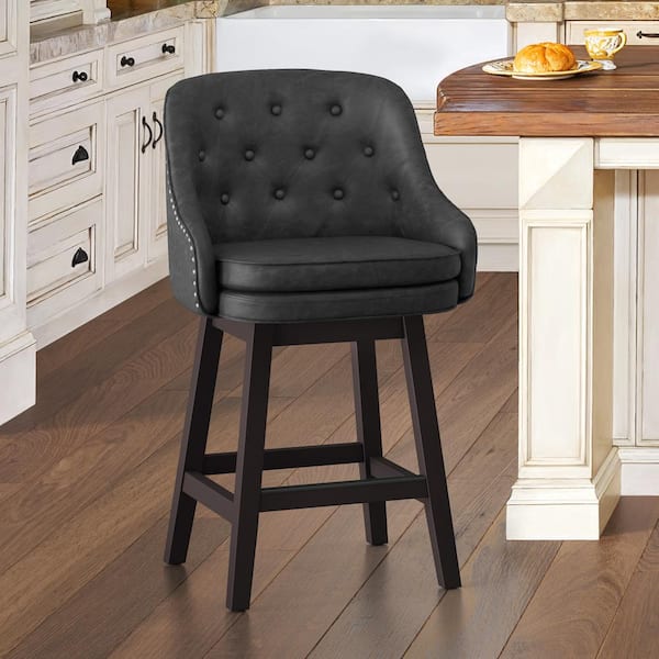 26 in. Black Faux Leather Swivel Barstool Solid Wood Frame Double Cushion Counter Height Bar Stool