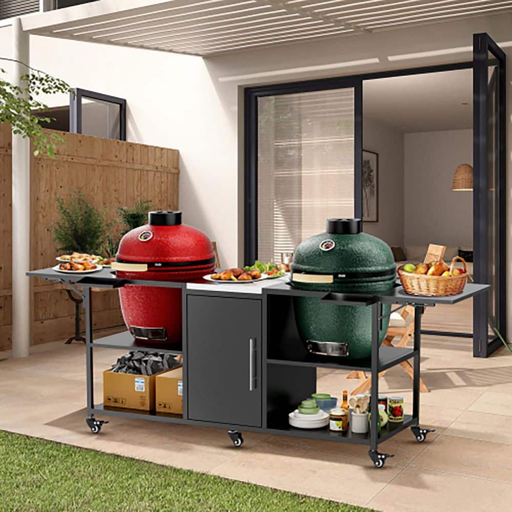 homgilt 70 in. W Outdoor Grill Cart Table for Double Big Green Egg
