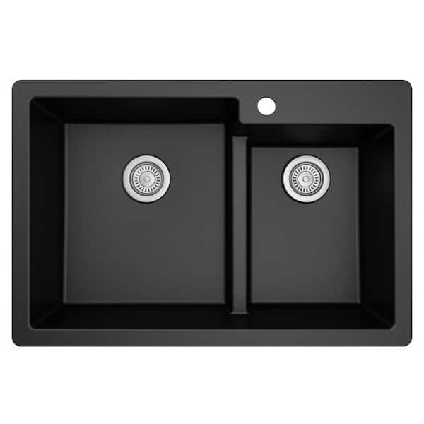 QT-811 Quartz 33 in. 60/40 Double Bowl Drop-In Kitchen Sink in Black