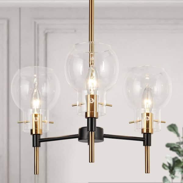 Modern Farmhouse Chandelier, 3-Light Globe Clear Glass Hanging Light, Brass/Black Pendant Lights for Kitchen Island