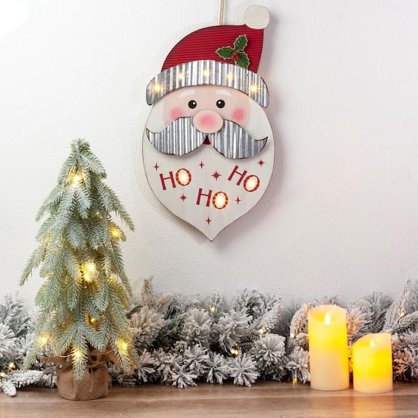 Glitzhome 19 in. H Lighted 3D Wooden Metal Santa Wall Decor ...