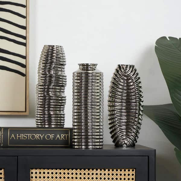 Litton Lane Silver Dimensional Ribbed Ceramic Decorative Vase with Varying Shapes (Set of 3)