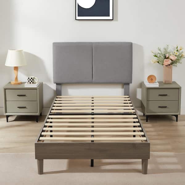 VECELO Upholstered Bed Frame with Linen Fabric Headboard, Strong Wood Slats Supports Platform Bed, Twin Size Bed, Gray