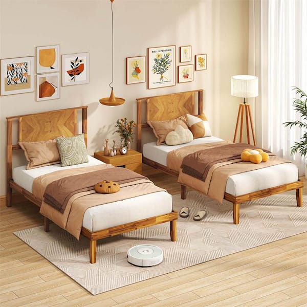 Rustic Golden Brown Wood Frame Twin Size Platform Bed with Headboard Under-Bed Space No Box Spring Needed