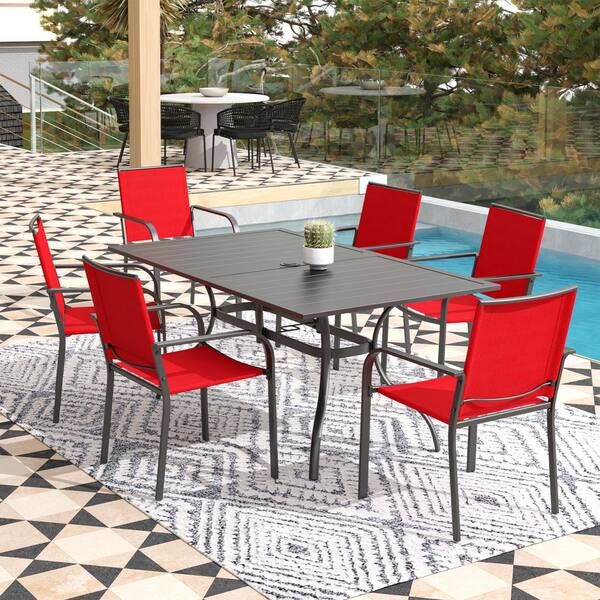 Anmutig 7-Piece Metal Rectangular Outdoor Dining Set-Red