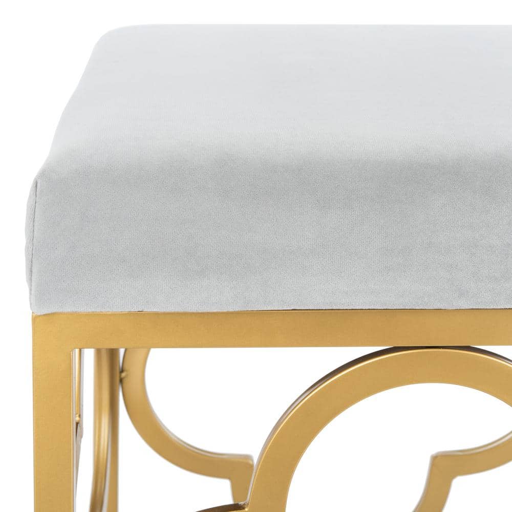 Elegant Fleur Quatrefoil Bench in Gray Velvet and Gold Finish