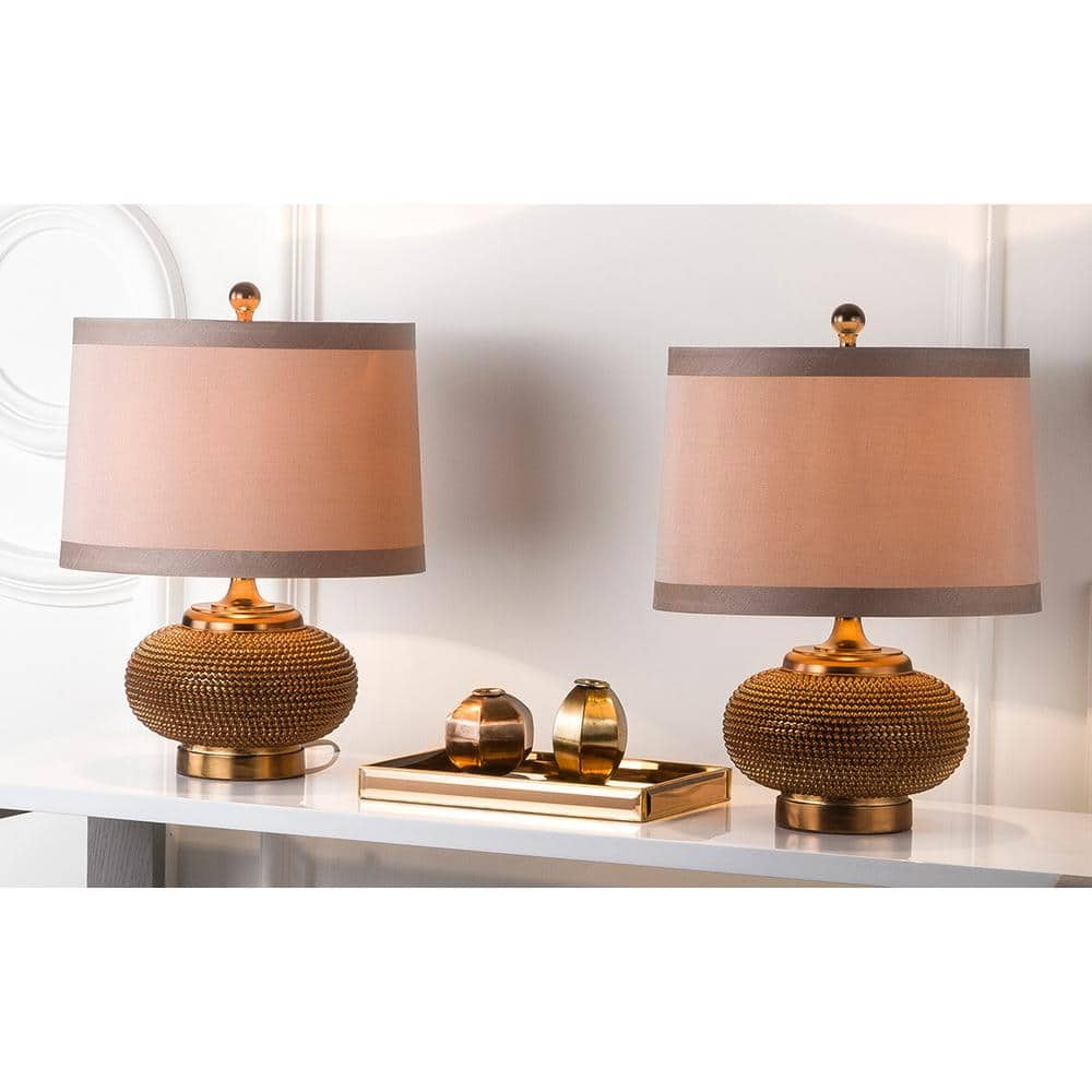 Alexis Copper Beaded Table Lamp Set with Taupe Shades